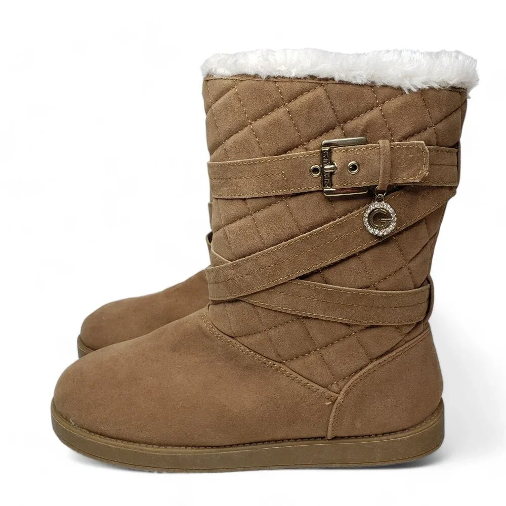 G by Guess Furry Lined Booties Women’s Tan Strappy Quilted Warm Cozy Y2K Outdoor